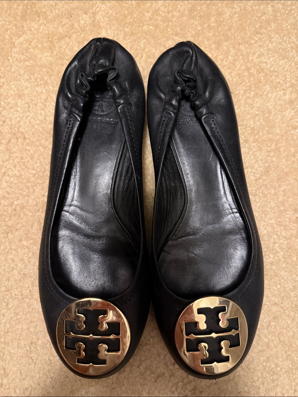Tory Burch Black Leather Logo Ballet Flats with Gold Medallions